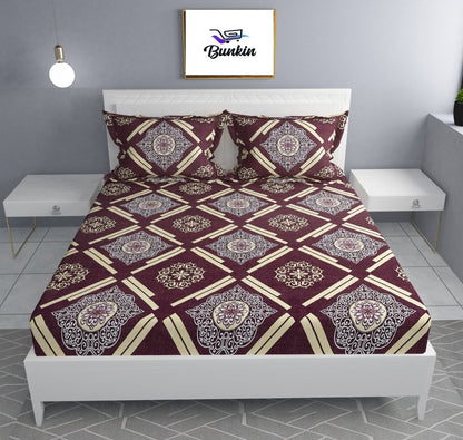 BROWN CHECK Premium  Fitted Elastic Bedsheet With Two Pillow Covers (72X78X Upto 10 Inches) & 360 Degree Elasticated