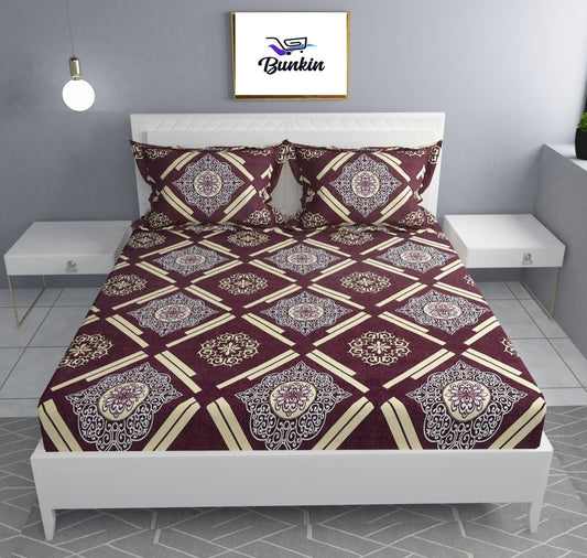 BROWN CHECK Premium  Fitted Elastic Bedsheet With Two Pillow Covers (72X78X Upto 10 Inches) & 360 Degree Elasticated