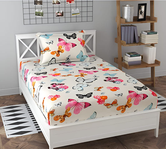 220 TC Butterfly Design Single Bed Fitted Bedsheet Having Size 36X72 (Fits Upto 8 Inches Of Mattress)