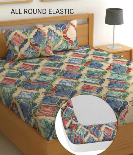 PETAL DESIGN 220 TC  Fitted Elastic Bedsheet With Two Pillow Covers (72X78X Upto 10 Inches) & 360 Degree Elasticated