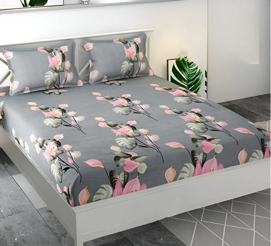 KALI FLOWERS Premium  Fitted Elastic Bedsheet With Two Pillow Covers  (72X78X Upto 10 Inches) & 360 Degree Elasticated