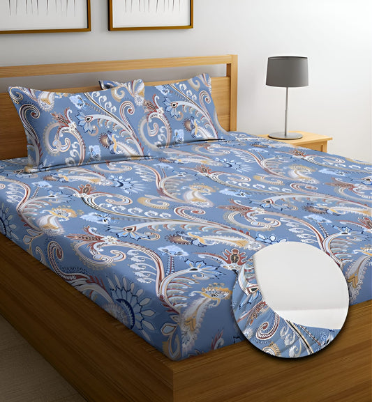 BLUE ELEGANT Premium  Fitted Elastic Bedsheet With Two Pillow Covers  (72X78X Upto 10 Inches) & 360 Degree Elasticated