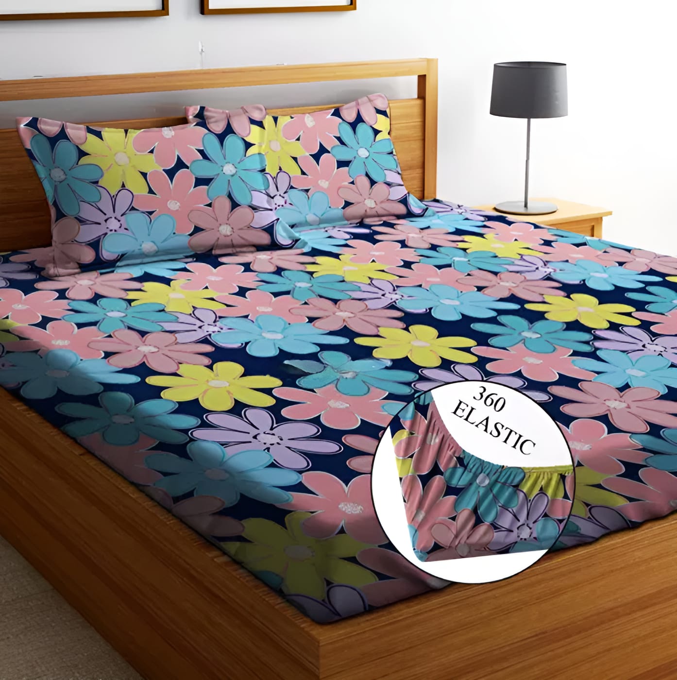 MULTI FLORAL Elastic Fitted Bedsheets with 2 Pillow Covers (72X78X Upto 10 Inches) & 360 Degree Elasticated