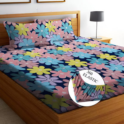 MULTI FLORAL Elastic Fitted Bedsheets with 2 Pillow Covers (72X78X Upto 10 Inches) & 360 Degree Elasticated