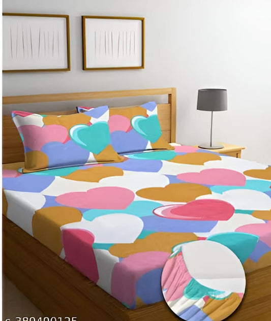 MULTI HEART Premium Size Fitted Floral Bedsheet with 2 Pillow Covers (72X78X Up to 10 Inches) & 360 Degree Elasticated