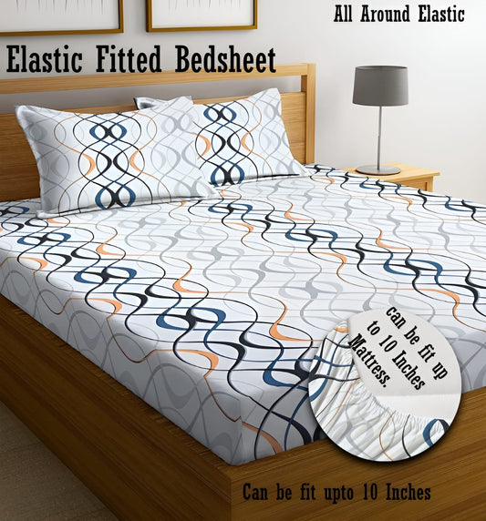 WHITE CIRCLES 220 TC Fitted Floral Bedsheet with 2 Pillow Covers (72X78X upto 10'') & 360 Degree Elasticated