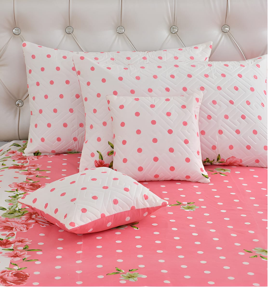 Premium 5-Piece Cotton Bedding Set: Includes 1 Flat Bedsheet, 2 Quilted Zipped Pillow Covers, 2 Quilted Cushion Covers, and 2 Cushion Fillers
