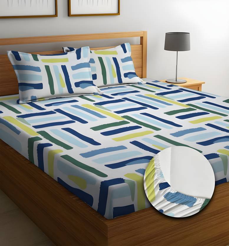 GEOMETRIC Premium Fitted Elastic Bedsheet With Two Pillow Covers (72X78X Upto 10 Inches) & 360 Degree Elasticated
