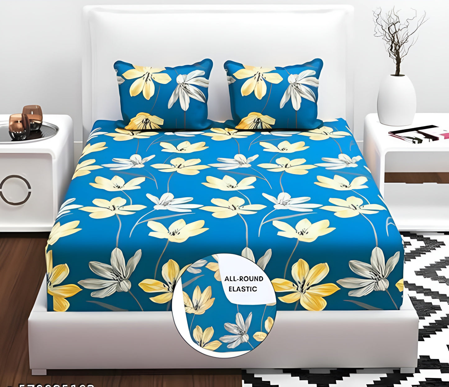 THREE LEAVES Premium King Size Fitted Elastic Bedsheet With Two Pillow Covers  (72X78X Upto 10 Inches) & 360 Degree Elasticated