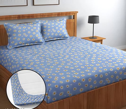 SKY SUNFLOWERS Premium King Size Fitted Floral Bedsheet (72X78X Up to 10 Inches) & 360 Degree Elasticated