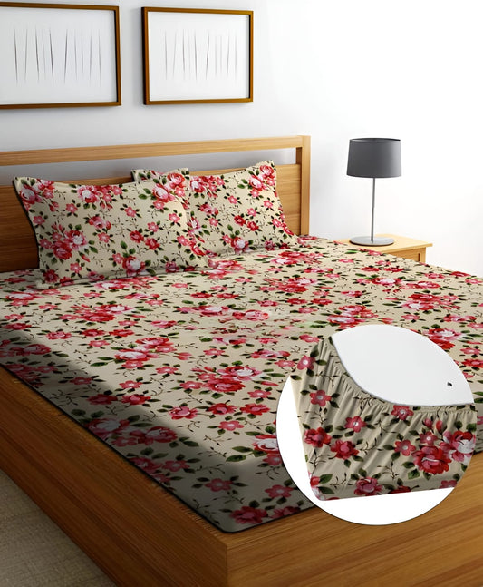 RINGAROSES Premium  Fitted Elastic Bedsheet With Two Pillow Covers  (72X78X Upto 10 Inches) & 360 Degree Elasticated | BS