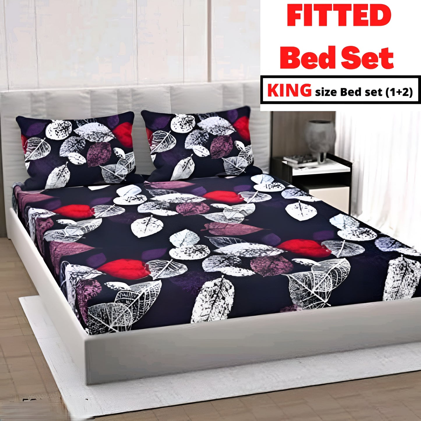 BLACK LEAVES Premium  Fitted Bedsheet with 2 Pillow Covers (72X78X Upto 10 Inches) & 360 Degree Elasticated