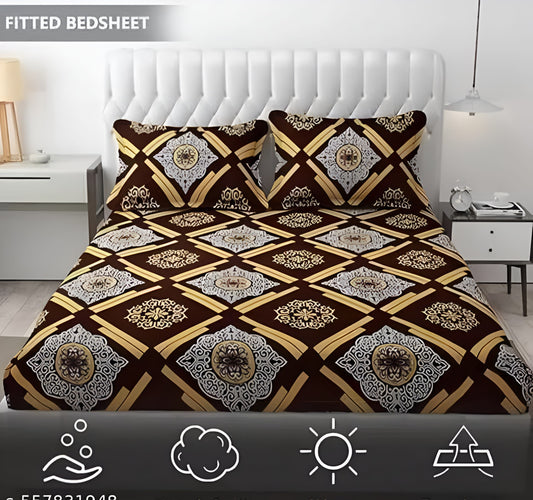 BROWN DAMASS Premium King Size Fitted Elastic Bedsheet With Two Pillow Covers  (72X78X Upto 10 Inches) & 360 Degree Elasticated