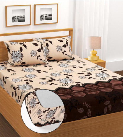 CREAM AND BROWN Premium  Fitted Elastic Bedsheet With Two Pillow Covers  (72X78X Upto 10 Inches) & 360 Degree Elasticated | BS
