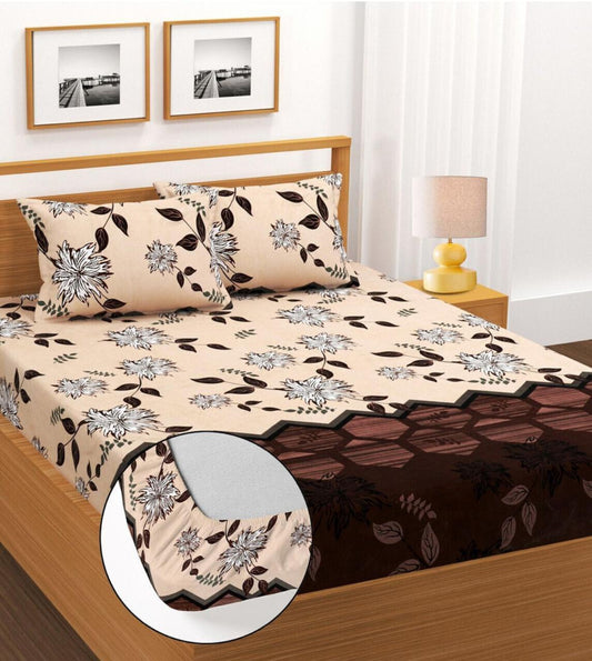 CREAM AND BROWN Premium  Fitted Elastic Bedsheet With Two Pillow Covers  (72X78X Upto 10 Inches) & 360 Degree Elasticated | BS