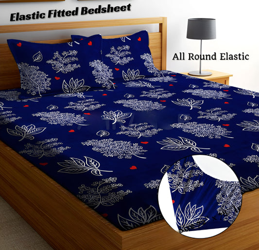 Heart design Premium  Fitted Elastic Bedsheet With Two Pillow Covers  (72X78X Upto 10 Inches) & 360 Degree Elasticated