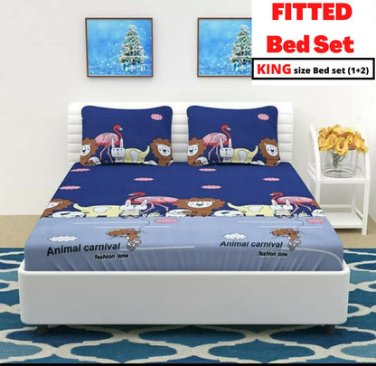 ANIMAL CARNIVAL Fitted Bedsheet Multicolor with 2 Pillow Covers (72X78X Upto 10 Inches) & 360 Degree Elasticated