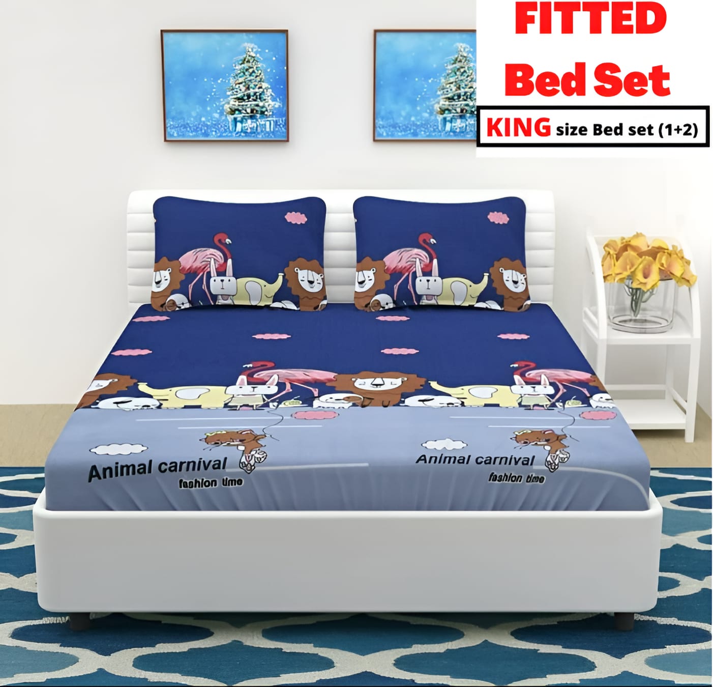 ANIMAL CARNIVAL Fitted Bedsheet Multicolor with 2 Pillow Covers (72X78X Upto 10 Inches) & 360 Degree Elasticated