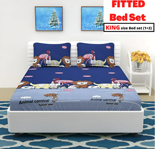 ANIMAL CARNIVAL Fitted Bedsheet Multicolor with 2 Pillow Covers (72X78X Upto 10 Inches) & 360 Degree Elasticated