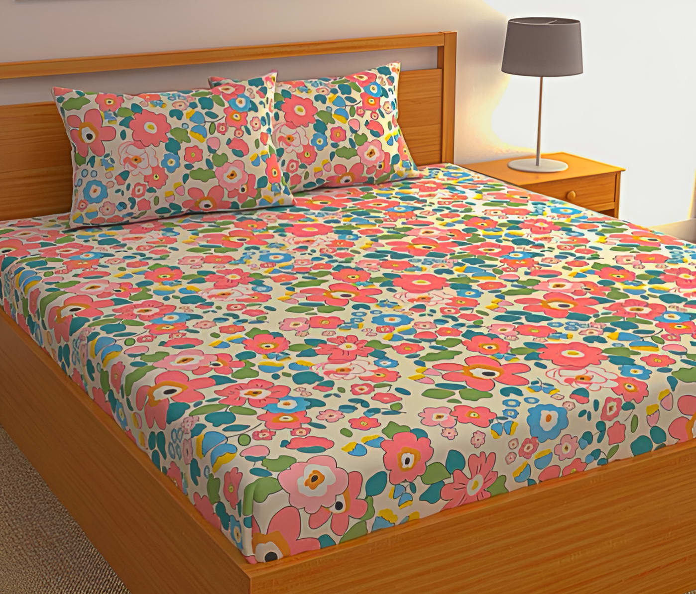 Multi Floral Premium  Fitted Elastic Bedsheet With Two Pillow Covers  (72X78X Upto 10 Inches) & 360 Degree Elasticated | BS