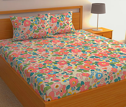 Multi Floral Premium  Fitted Elastic Bedsheet With Two Pillow Covers  (72X78X Upto 10 Inches) & 360 Degree Elasticated | BS