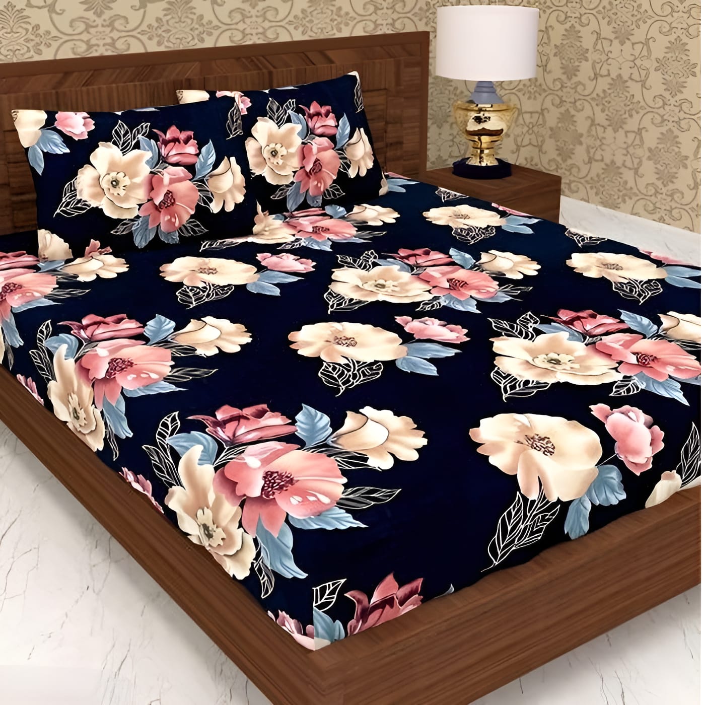 Black and Golden 220 TC Double Bedsheet With 2 Pillow Covers (72X78X Upto 10 Inches) & 360 Degree Elasticated