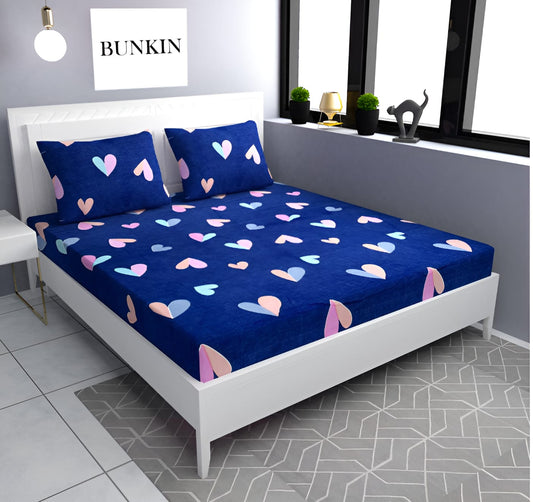 BLUE HEART Premium  Fitted Elastic Bedsheet With Two Pillow Covers (72X78X Upto 10 Inches) & 360 Degree Elasticated