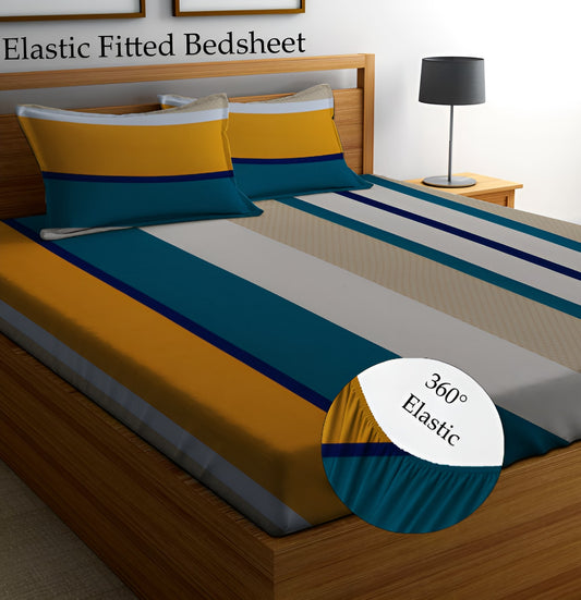 Parallel Design 220 TC  Fitted Elastic Bedsheet With Two Pillow Covers (72X78X Upto 10 Inches) & 360 Degree Elasticated
