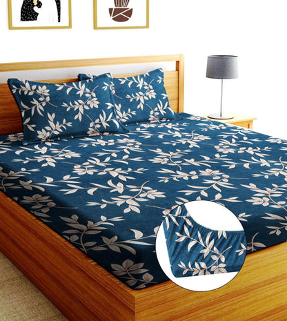 BLUE PATTERN Premium  Fitted Elastic Bedsheet With Two Pillow Covers (72X78X Upto 10 Inches) & 360 Degree Elasticated