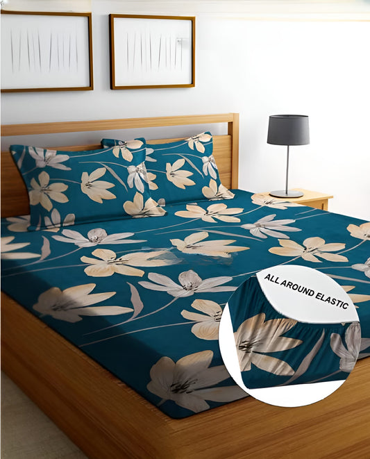 Leaves Print Premium  Fitted Elastic Bedsheet With Two Pillow Covers  (72X78X Upto 10 Inches) & 360 Degree Elasticated | BS