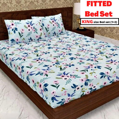 SKY Blue Premium  Fitted Elastic Bedsheet With Two Pillow Covers (72X78X Upto 10 Inches) & 360 Degree Elasticated