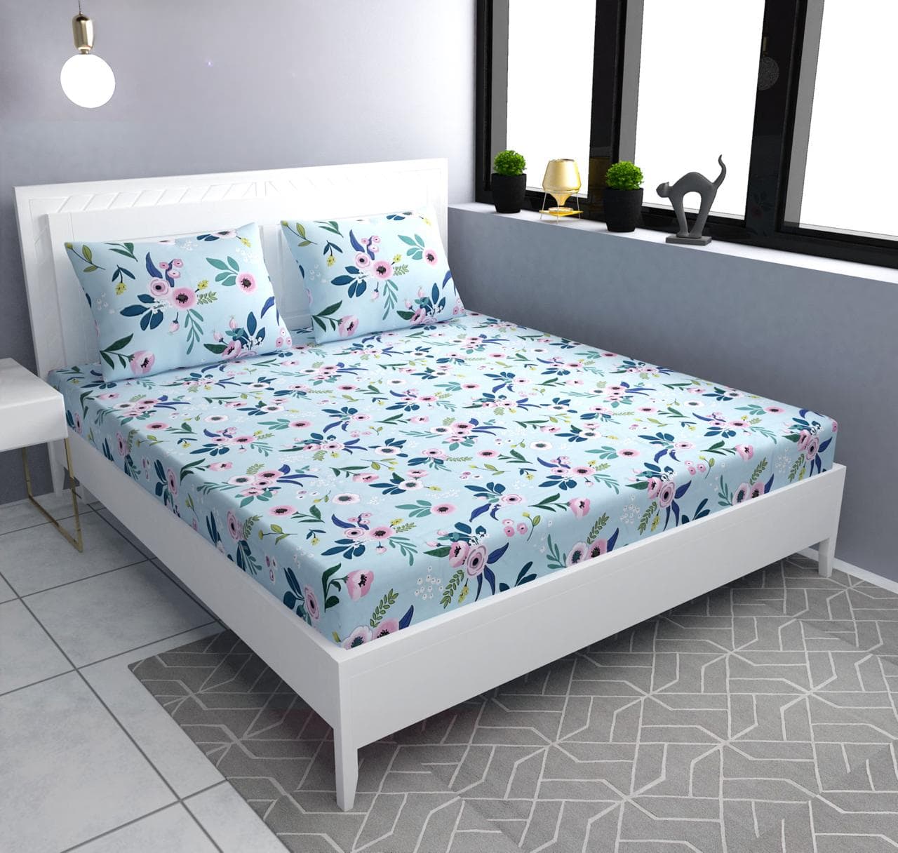 SKY Blue Premium  Fitted Elastic Bedsheet With Two Pillow Covers (72X78X Upto 10 Inches) & 360 Degree Elasticated