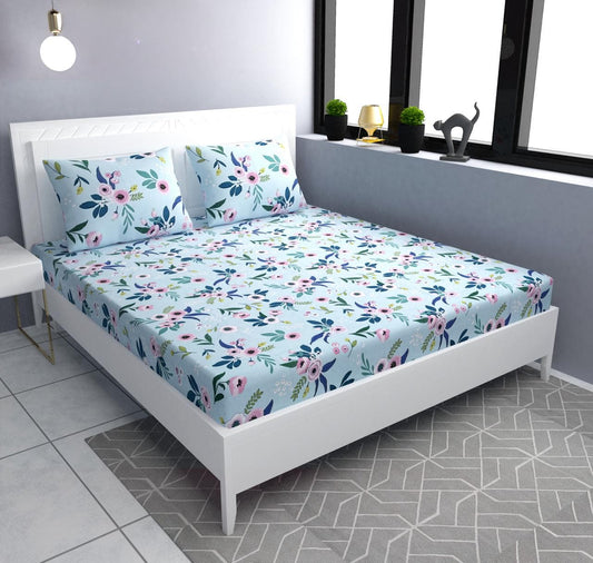 SKY Blue Premium  Fitted Elastic Bedsheet With Two Pillow Covers (72X78X Upto 10 Inches) & 360 Degree Elasticated