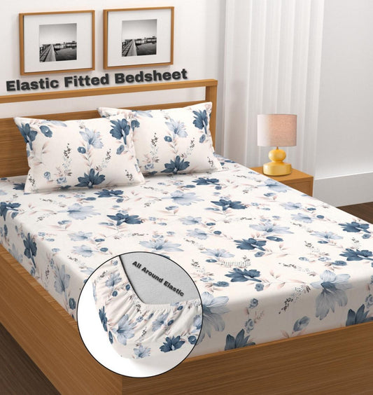 WHITE BASE Premium  Fitted Elastic Bedsheet With Two Pillow Covers  (72X78X Upto 10 Inches) & 360 Degree Elasticated | BS