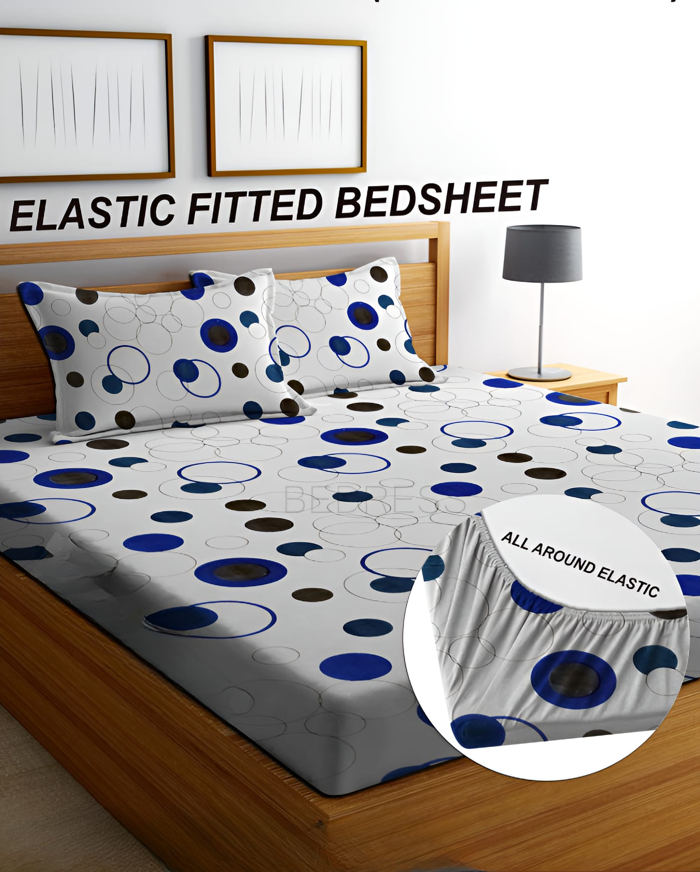 BLUE DOTTED Premium  Fitted Elastic Bedsheet With Two Pillow Covers  (72X78X Upto 10 Inches) & 360 Degree Elasticated