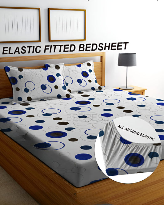 BLUE DOTTED Premium  Fitted Elastic Bedsheet With Two Pillow Covers  (72X78X Upto 10 Inches) & 360 Degree Elasticated