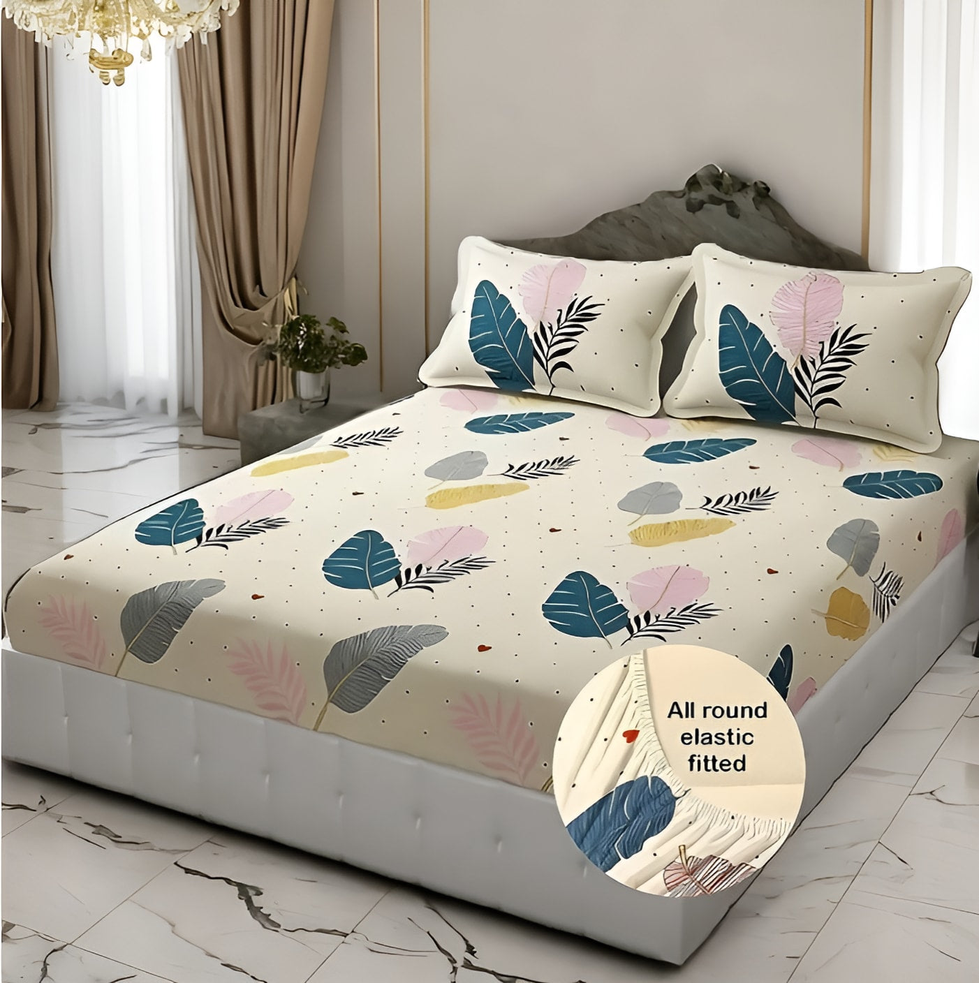 CREAM FEATHER Premium  Fitted Elastic Bedsheet With Two Pillow Covers (72X78X Upto 10 Inches) & 360 Degree Elasticated