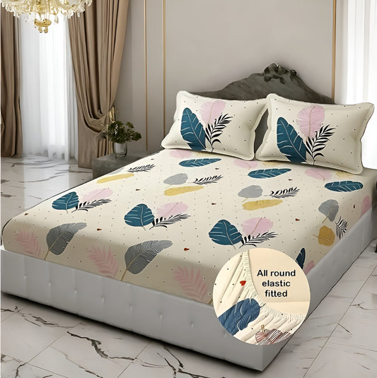 CREAM FEATHER Premium  Fitted Elastic Bedsheet With Two Pillow Covers (72X78X Upto 10 Inches) & 360 Degree Elasticated