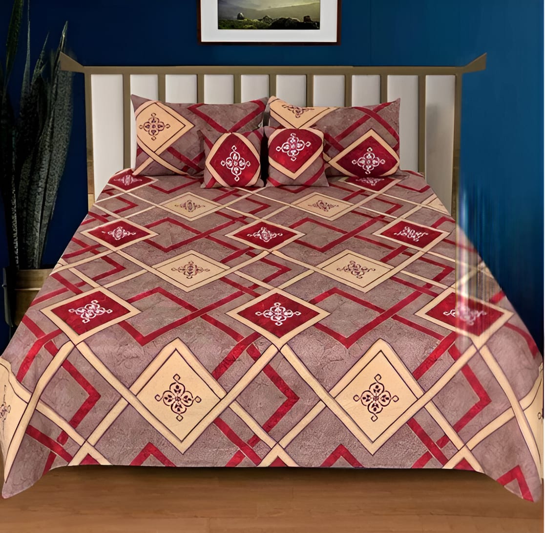 Premium 5-Piece Cotton Bedding Set: Includes 1 Flat Bedsheet, 2 Quilted Zipped Pillow Covers, 2 Quilted Cushion Covers, and 2 Cushion Fillers