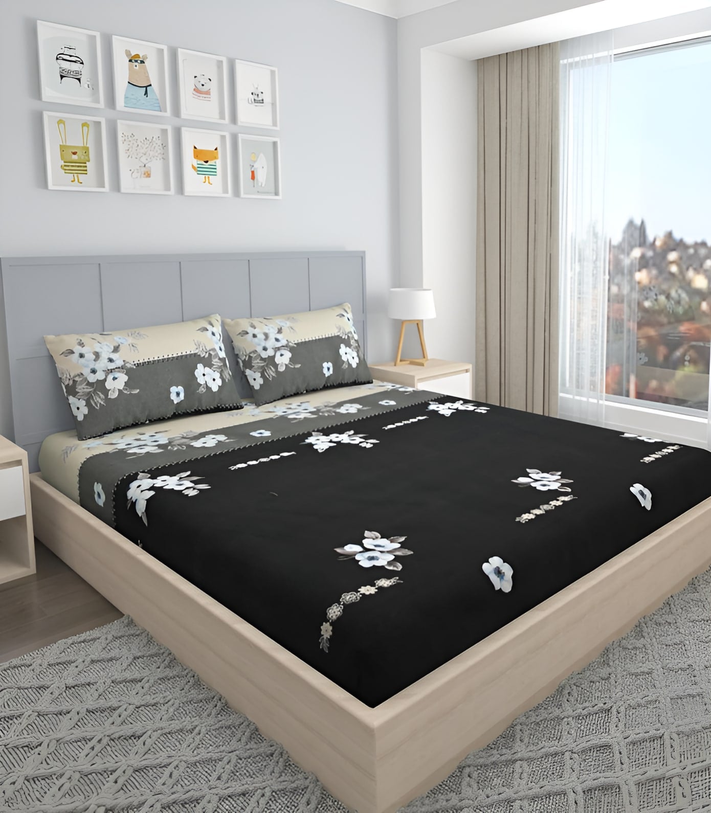 BLACK AND GREY 220 TC  Fitted Elastic Bedsheet With Two Pillow Covers (72X78X Upto 10 Inches) & 360 Degree Elasticated