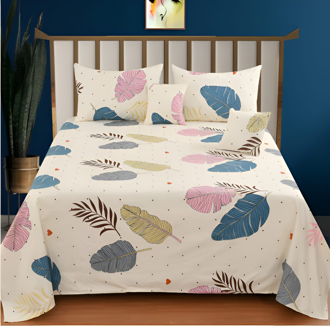 Premium 5-Piece Cotton Bedding Set: Includes 1 Flat Bedsheet, 2 Quilted Zipped Pillow Covers, 2 Quilted Cushion Covers, and 2 Cushion Fillers