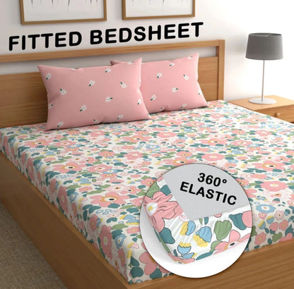 DECOR-LI HOMES  Elastic Fitted Bedsheets with 2 Pillow Covers (72X78X Upto 10 Inches) & 360 Degree Elasticated