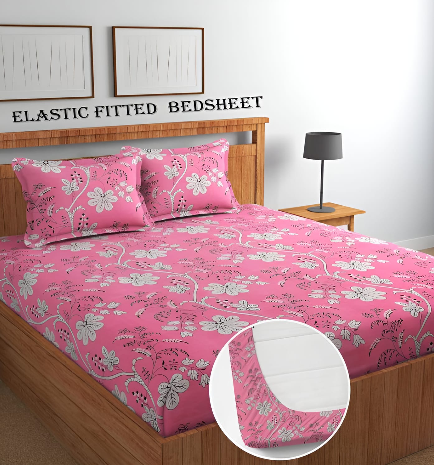 Pink base Premium  Fitted Elastic Bedsheet With Two Pillow Covers  (72X78X Upto 10 Inches) & 360 Degree Elasticated | BS
