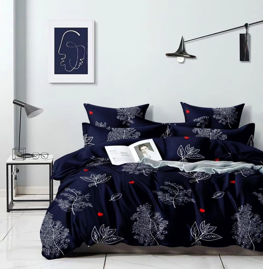 NAVY BLUE Premium  Fitted Floral Bedsheet with 2 Pillow Covers (72X78X Upto 10 Inches) & 360 Degree Elasticated