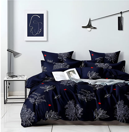 NAVY BLUE Premium  Fitted Floral Bedsheet with 2 Pillow Covers (72X78X Upto 10 Inches) & 360 Degree Elasticated