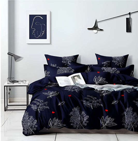 NAVY BLUE Premium  Fitted Floral Bedsheet with 2 Pillow Covers (72X78X Upto 10 Inches) & 360 Degree Elasticated